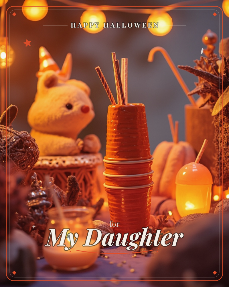 A cosy autumn tabletop glows under a string of warm fairy lights, with stacked orange cups and striped straws standing at the centre, a halloween e-card design