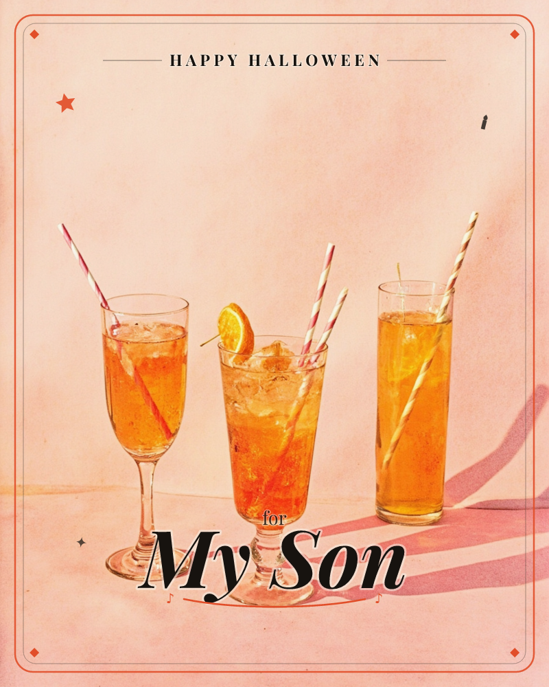 Three glasses of orange-gold iced cocktails stand against a blush-pink backdrop, each fitted with a striped paper straw and one garnished with an…, a halloween e-card design