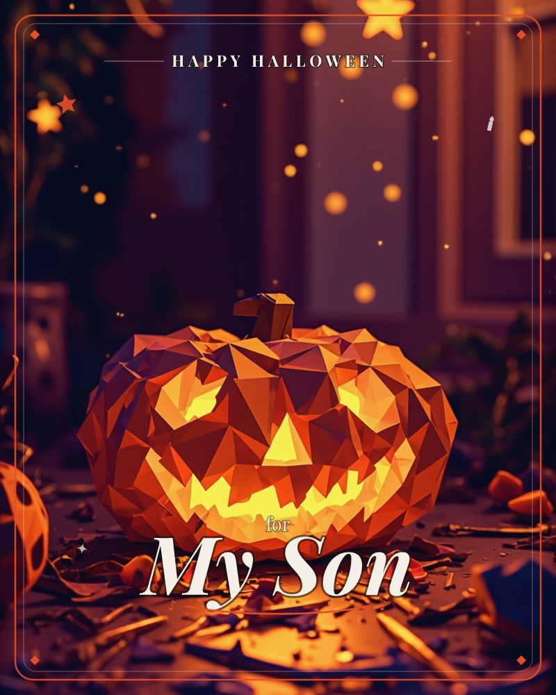 A low-poly jack-o'-lantern glows from within, its faceted surface catching orange and yellow light through a jagged carved grin, a halloween e-card design