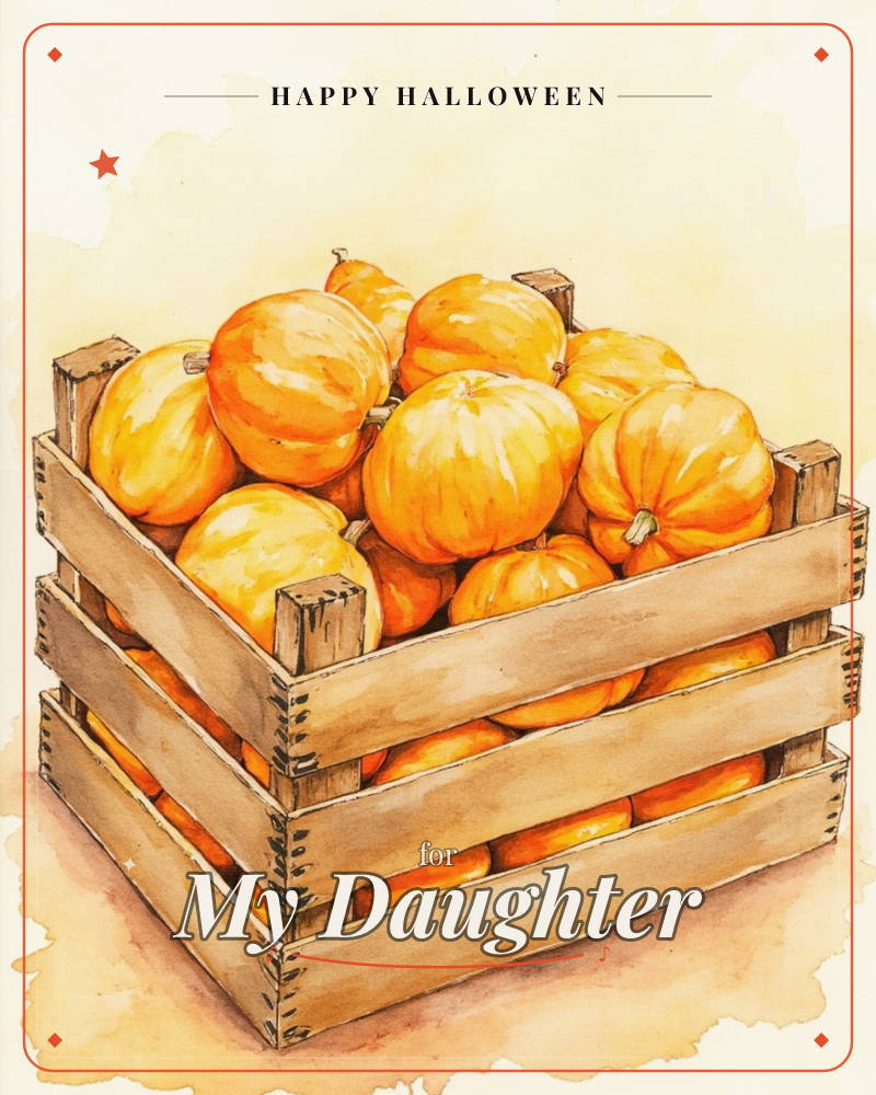 A wooden slatted crate is piled high with plump orange pumpkins, their ribbed skins catching soft golden light, a halloween e-card design
