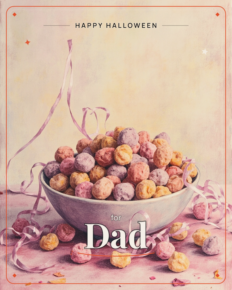 A pale bowl overflows with sugar-dusted truffles in blush pink, lilac and gold, set on a soft pink tabletop with curling ribbon trailing loose around it, a halloween e-card design