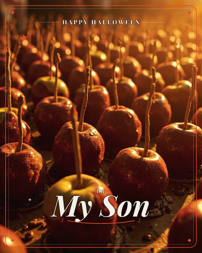 Rows upon rows of glossy candied apples catch a warm, golden backlight, their toffee shells glowing amber and deep red with each wooden stick standing…, a halloween e-card design