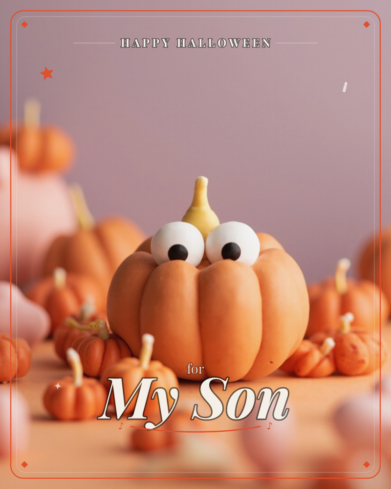 A plump orange clay pumpkin with wobbly cartoon eyes and a curled yellow stem sits front and centre, surrounded by a scattered crowd of smaller…, a halloween e-card design