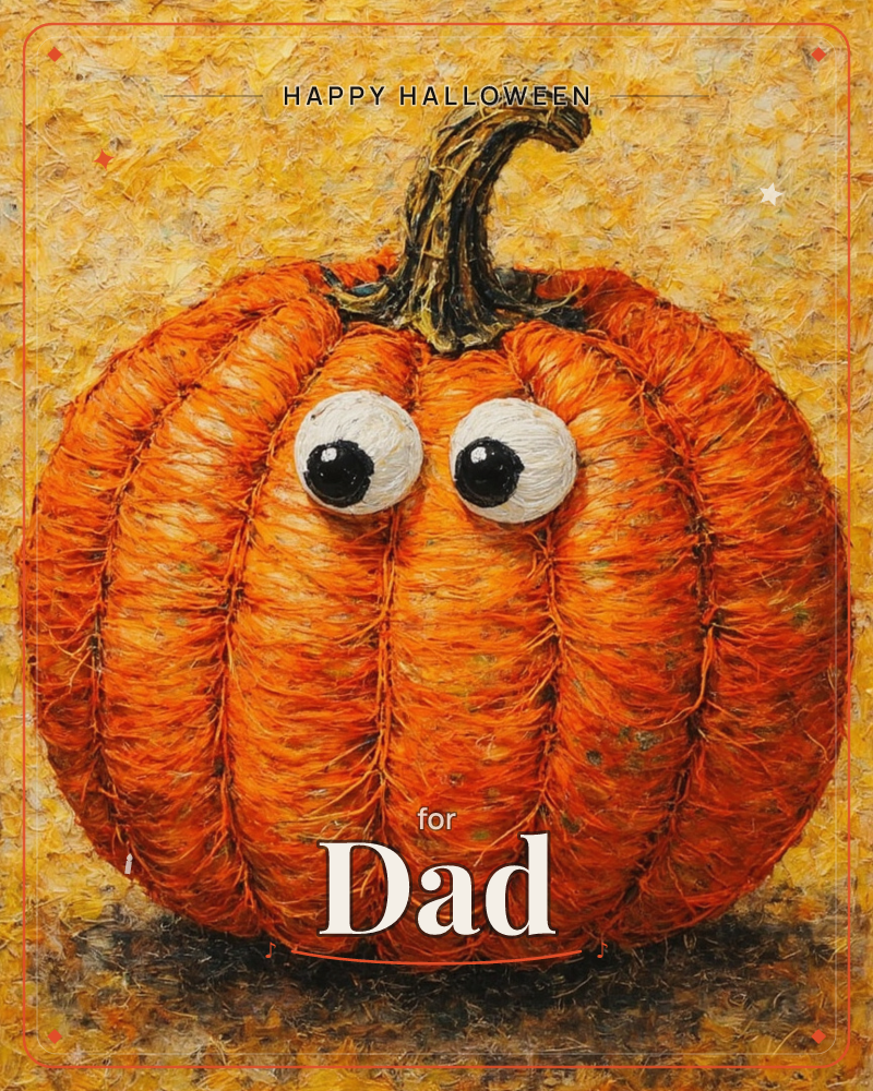 A plump orange pumpkin with a curling green-brown stem sits against a golden textured background, thickly painted in ridged impasto strokes, a halloween e-card design