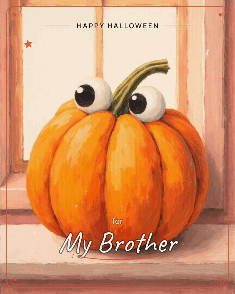 A round orange pumpkin with a curled green stem sits on a pale windowsill, wearing large googly eyes stuck to its front, a halloween e-card design
