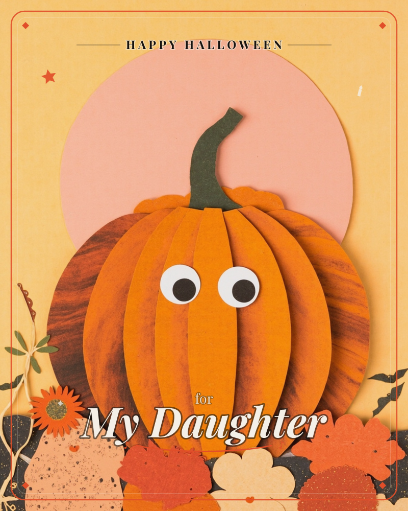 A layered paper-cutout pumpkin with wiggly googly eyes sits in front of a pink circle moon on a warm yellow background, a halloween e-card design