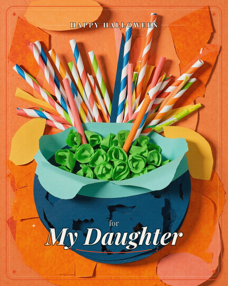 A paper-craft cauldron sits on a bright orange torn-paper background, its dark navy pot cut with rough jagged holes to look weathered, a halloween e-card design