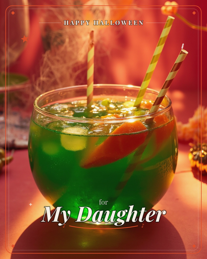 A round glass bowl brims with glowing green punch, ice cubes and orange fruit slices floating inside, with three striped straws poking out, a halloween e-card design