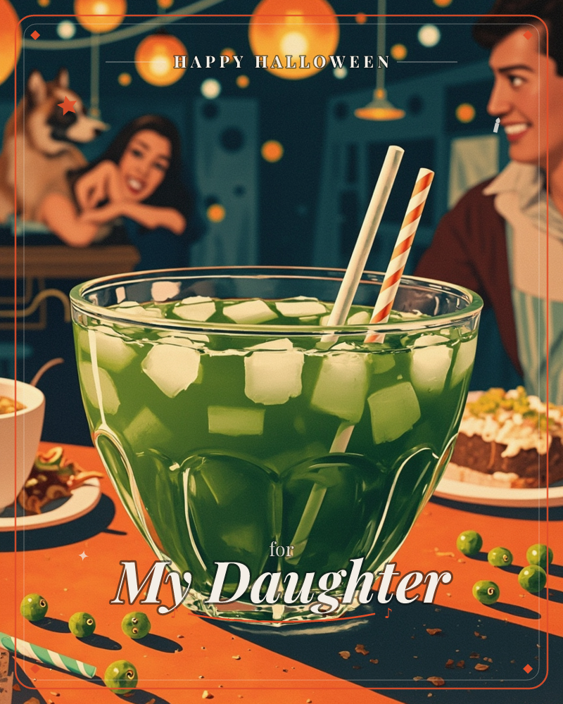 A large glass bowl of green iced punch with striped straws sits at the center of a festive table lit by strings of glowing orange lanterns, a halloween e-card design