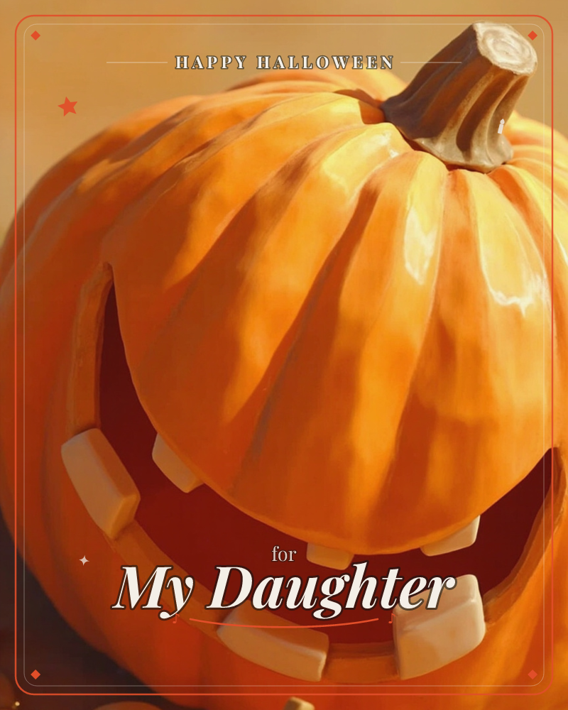 A close-up of a carved pumpkin glows in warm afternoon light, its ridged orange skin catching golden highlights along the curves, a halloween e-card design