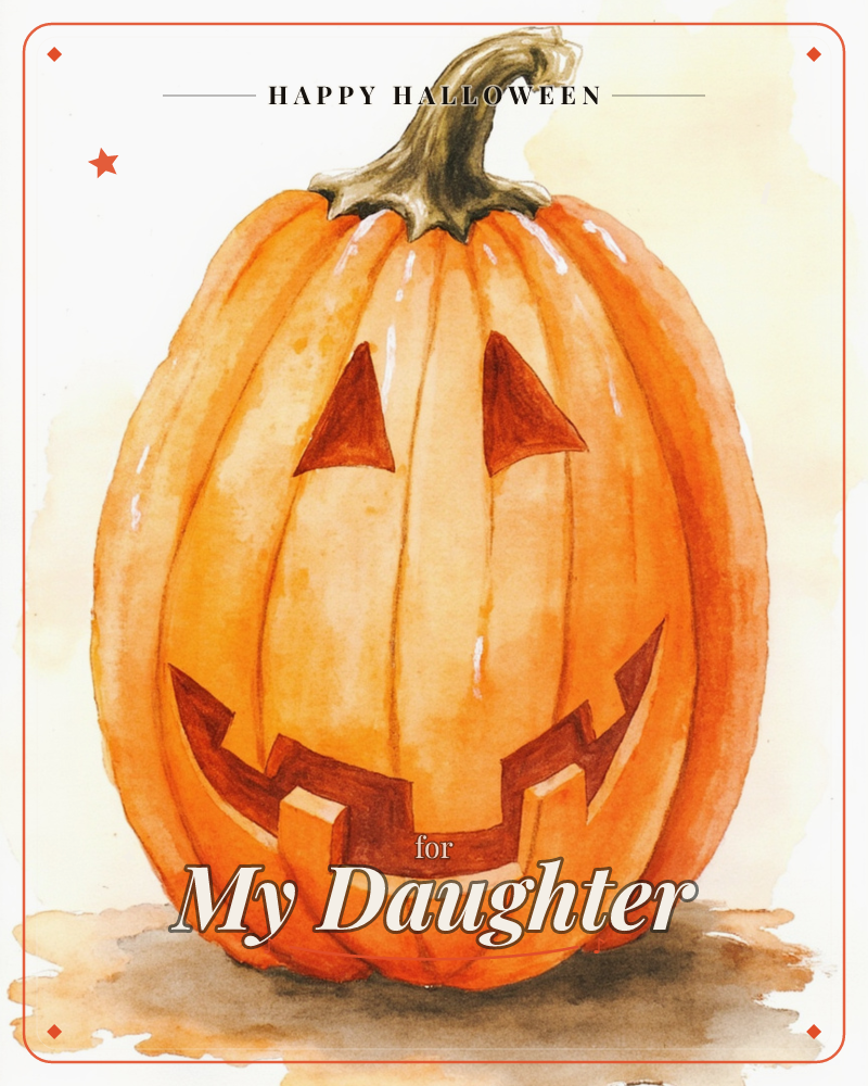 A single carved pumpkin sits centered on a pale cream background, painted in loose watercolour washes with visible bleed and bloom, a halloween e-card design