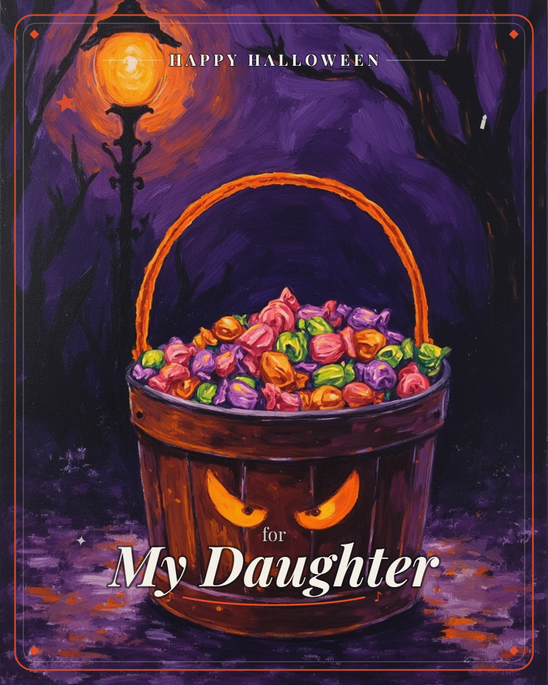 A wooden trick-or-treat bucket with glowing jack-o'-lantern eyes sits piled high with wrapped candies in pink, orange, purple and green foil, its…, a halloween e-card design