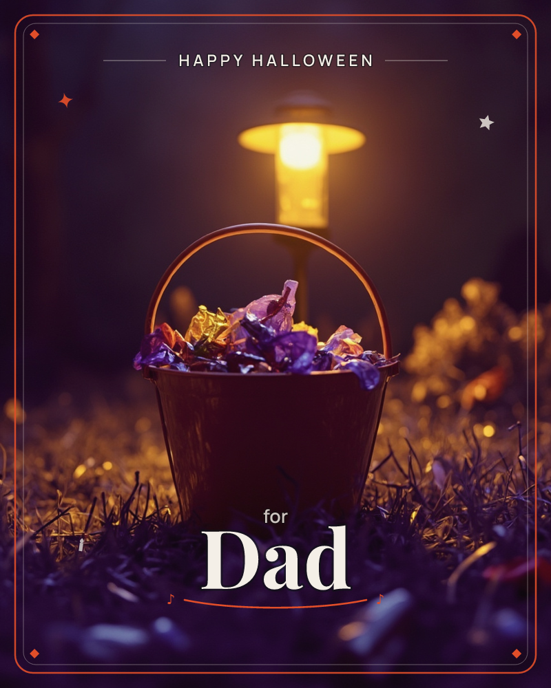A small metal bucket sits on a dark lawn, brimming with foil-wrapped sweets in purple, gold, and orange wrappers, a halloween e-card design