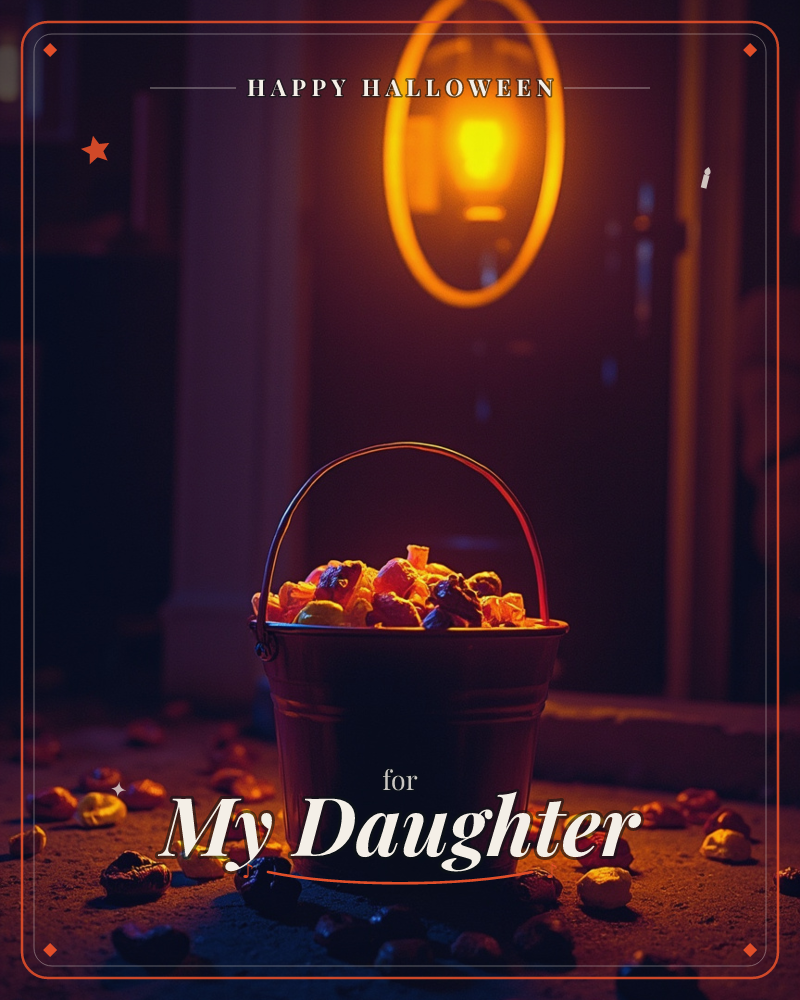 A metal bucket brimming with wrapped candies sits on a porch step at night, lit by the warm amber glow of an oval lamp beside a dark front door, a halloween e-card design