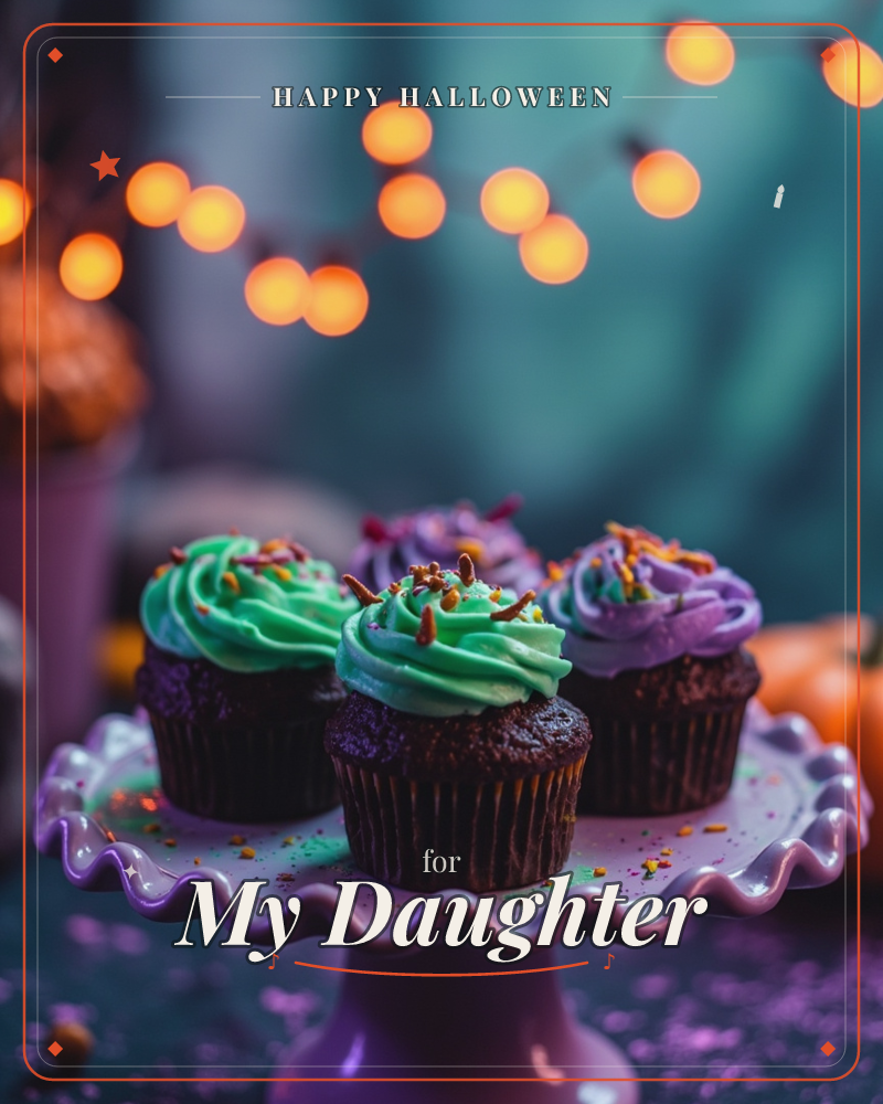 Chocolate cupcakes topped with swirls of green and lavender frosting sit on a ruffled purple cake stand, scattered with orange sprinkles, a halloween e-card design