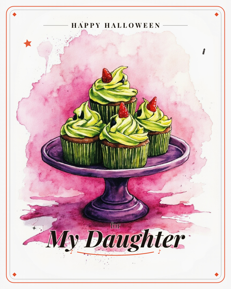 A stacked arrangement of cupcakes with swirled green frosting and tiny strawberry tips sits on a purple pedestal stand, rendered in loose watercolour, a halloween e-card design