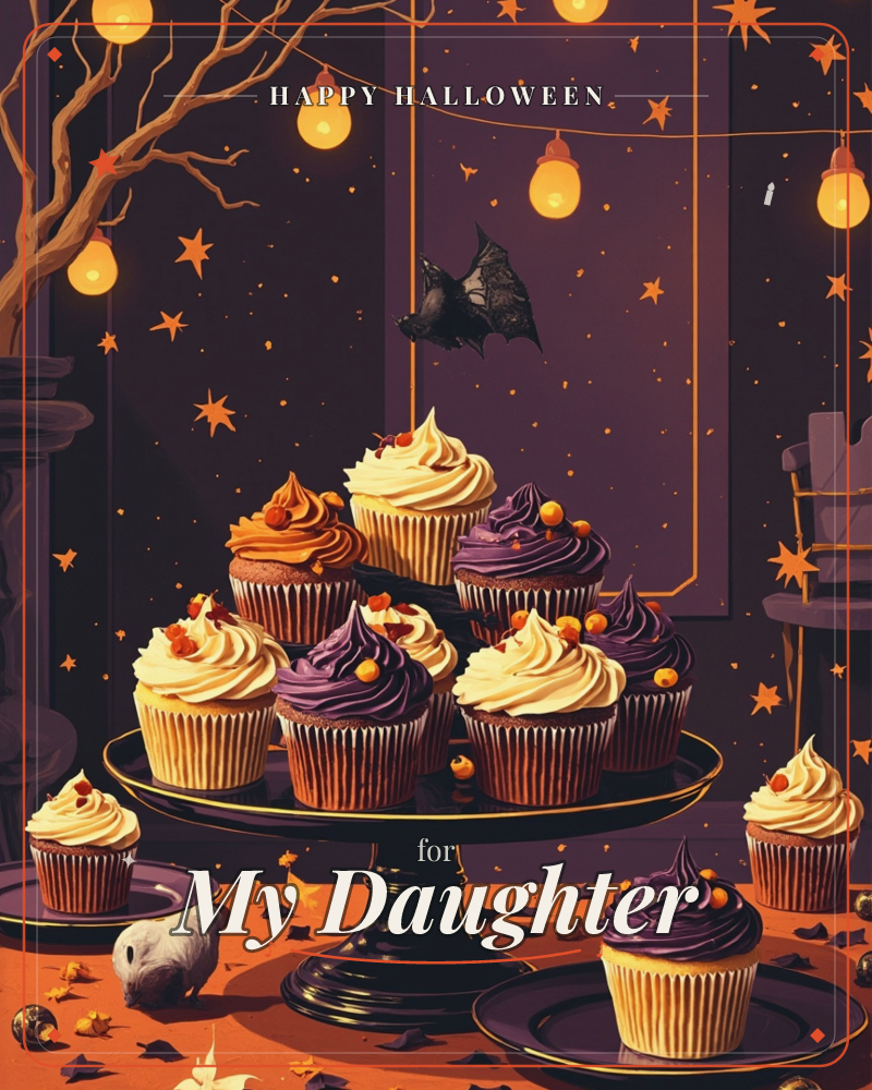 A tiered black cake stand overflows with cupcakes topped in swirls of cream, caramel and deep purple frosting, dotted with orange candy pearls, set…, a halloween e-card design