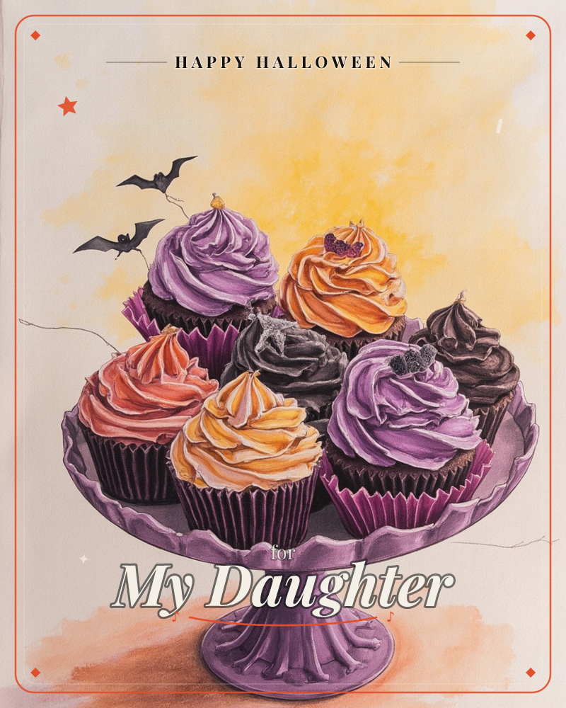 A purple scalloped cake stand holds a cluster of swirled cupcakes in orange, purple, and dark chocolate frosting, some topped with tiny berries or a…, a halloween e-card design