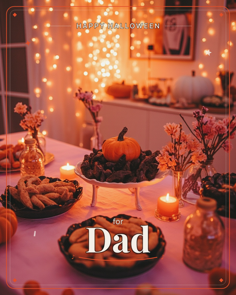 A festive table glows under strings of warm fairy lights draped along a curtain, set for an autumn gathering, a halloween e-card design