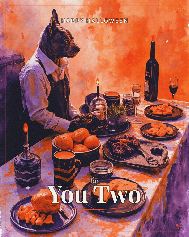 A dog with a human body, dressed in a crisp collared shirt and apron, stands behind a long table laid out for a lavish meal, a halloween e-card design