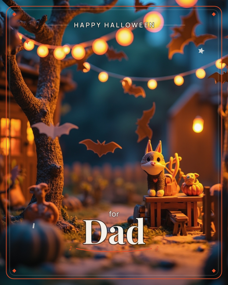 A miniature Halloween village glows at dusk, with a bat-eared fox figure and a small pumpkin friend perched on a tiny wooden table, a halloween e-card design
