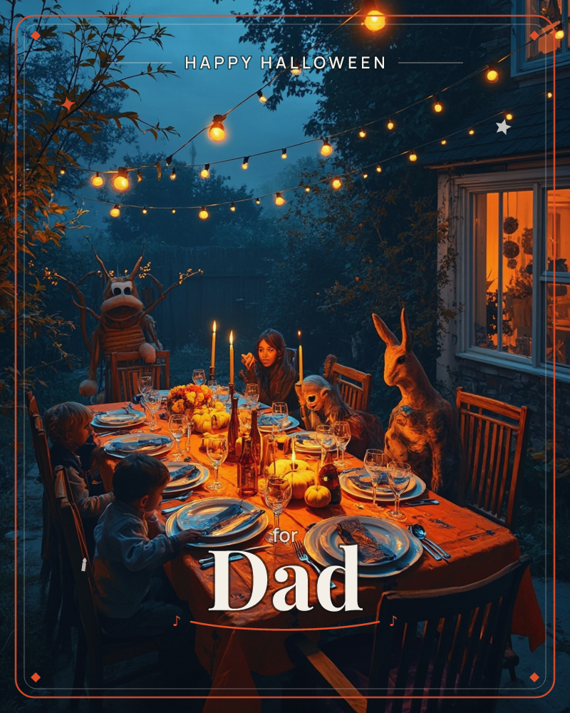A garden table is set for an evening feast, glowing orange under strings of fairy lights against a deep blue dusk, a halloween e-card design
