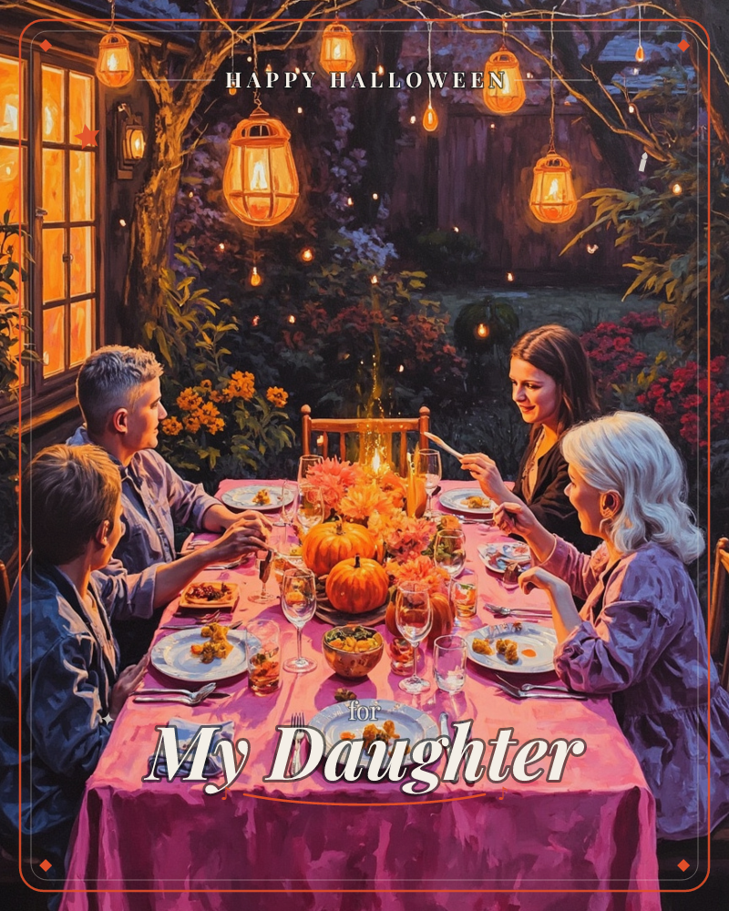 A family gathers around a pink-clothed table in a lantern-lit garden at dusk, plates of food set out and a pumpkin centrepiece glowing under strings of…, a halloween e-card design