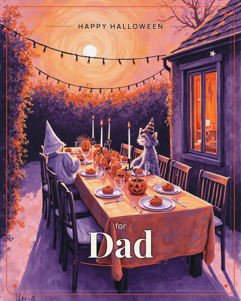 A ghost and a dog dressed as a witch sit at a long outdoor table set for a Halloween feast, with pumpkin place settings, glowing candles, and string…, a halloween e-card design