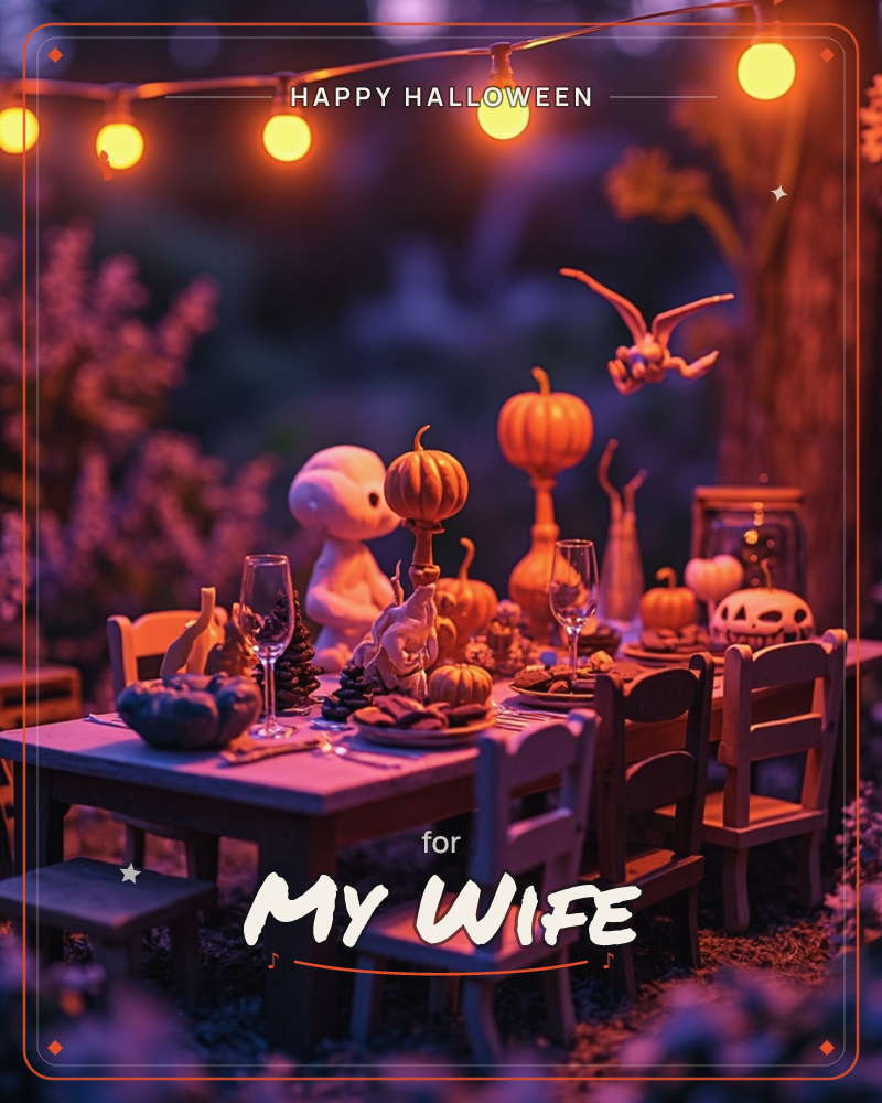 A miniature wooden table is set for an autumn feast beneath a string of glowing bulb lights, with tiny pumpkins stacked on stands, a ghost figure…, a halloween e-card design