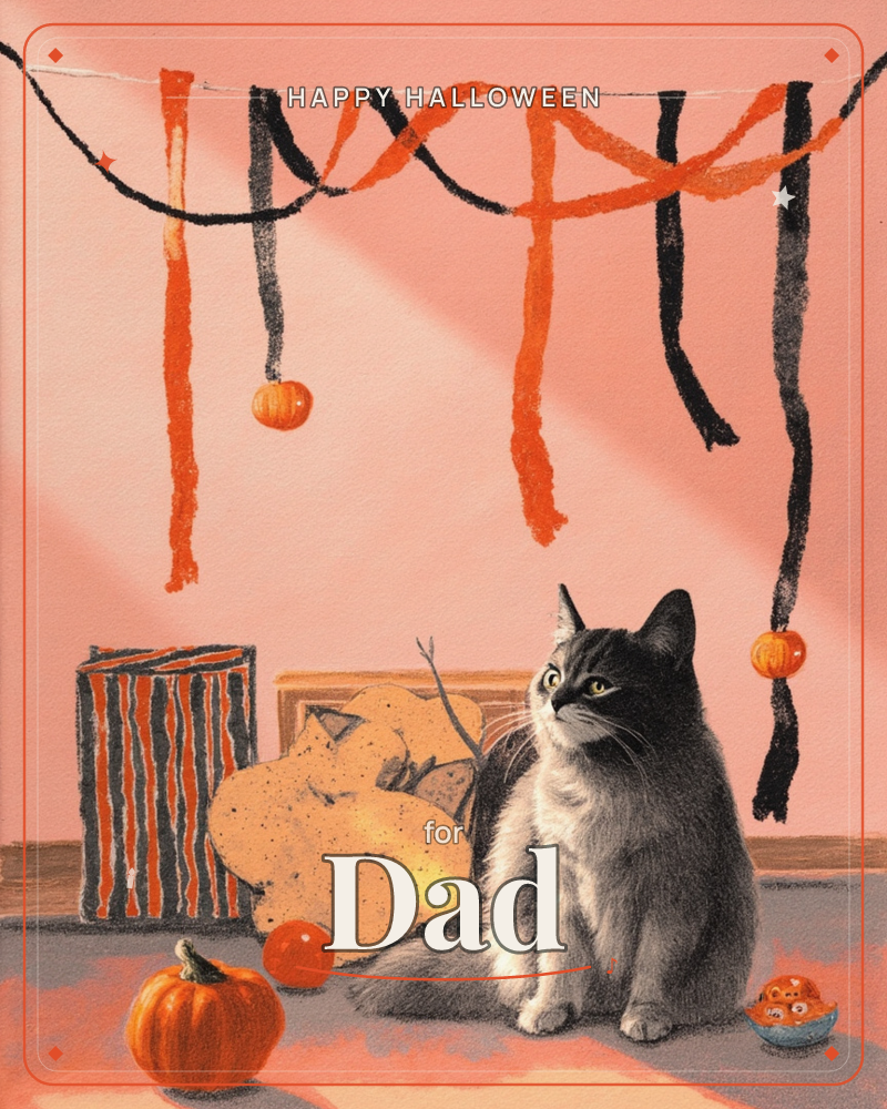 A grey and white cat sits primly on a tabletop, gazing up at streamers of orange and black crepe paper strung with tiny pumpkin charms, a halloween e-card design