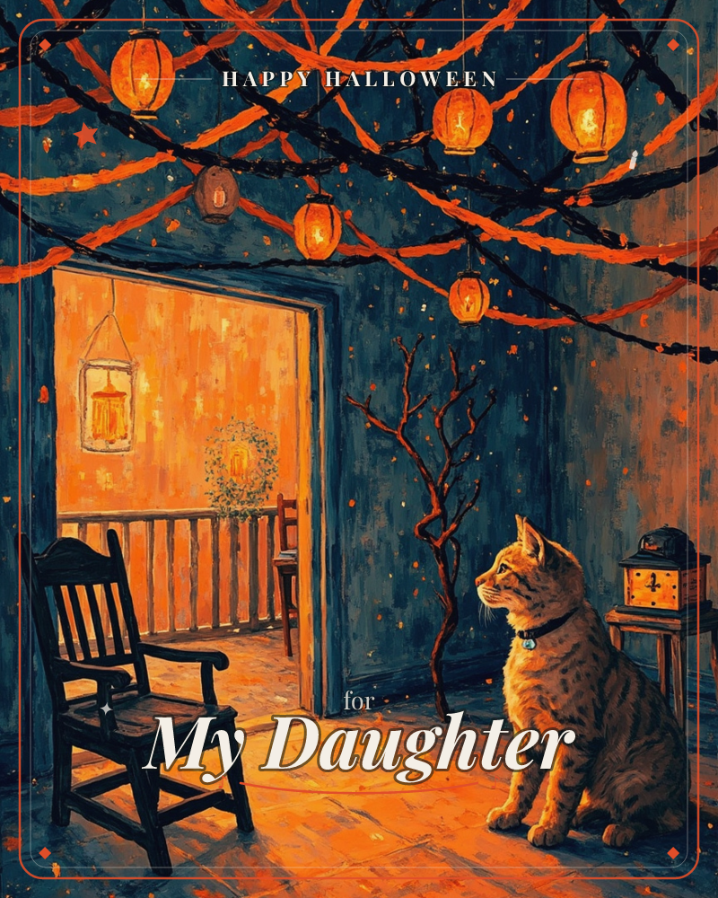 A ginger tabby cat sits on a wooden porch beneath a canopy of dark branches strung with glowing orange lanterns, a halloween e-card design