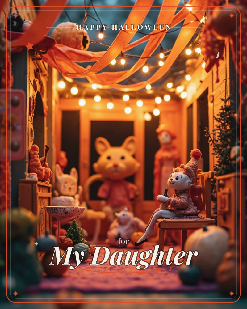 A cosy miniature courtyard glows under strings of warm fairy lights and streamers of orange fabric draped overhead, a halloween e-card design