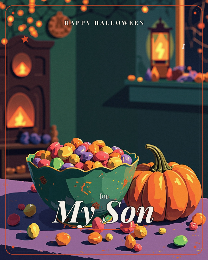 A cozy Halloween interior glows with firelight from a mantel fireplace and a small glowing lantern in the background, spiderwebs strung with tiny…, a halloween e-card design