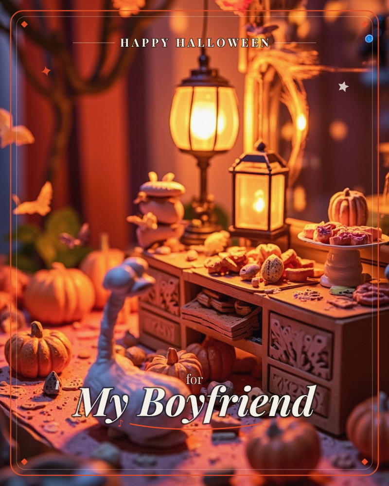 A miniature autumn tableau glows under warm lantern light: a small wooden cabinet with carved drawers holds tiny pastries and cookies, surrounded by…, a halloween e-card design