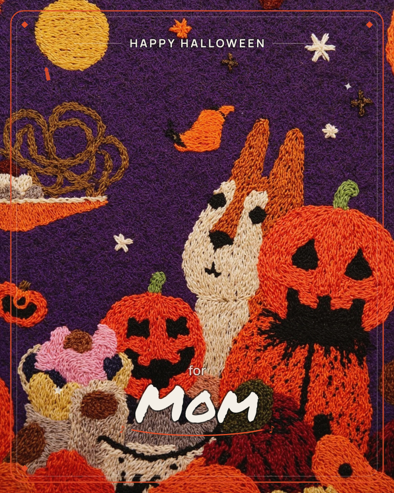 A richly textured embroidery on deep purple felt shows a Halloween night scene: a fox-like creature peers out beside a grinning jack-o'-lantern, a…, a halloween e-card design