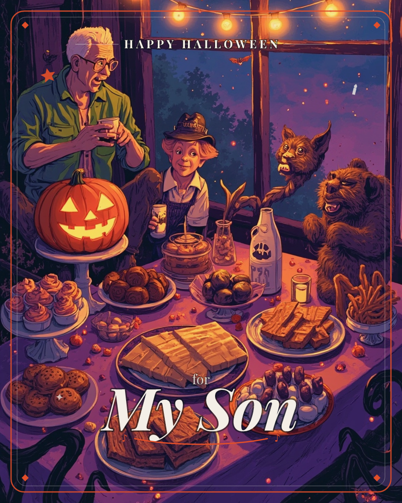 An older man and a child in a witch's hat sit indoors at a table piled high with Halloween treats, a carved jack-o'-lantern glowing between them while…, a halloween e-card design
