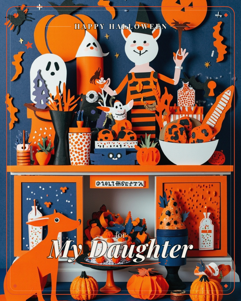 A paper-craft Halloween display crowds an orange sideboard against a navy wall: a witch-hatted cat figure waving a broom, layered ghosts and pumpkins…, a halloween e-card design