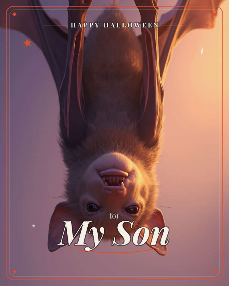 A fuzzy bat hangs upside down against a soft dusk-toned background, its wings folded close and its little fanged mouth caught mid-chatter, a halloween e-card design