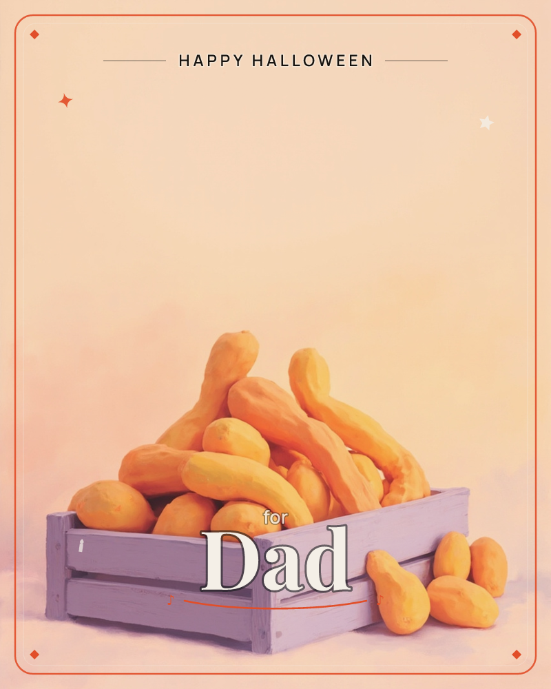 A pale lilac wooden crate sits piled high with golden butternut squash, a few spilling out onto the ground in front, a halloween e-card design