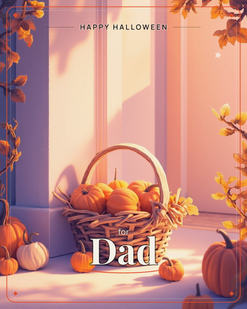 A woven basket brimming with small orange pumpkins sits on a sunlit porch step, more pumpkins and a pale white one scattered around it, a halloween e-card design