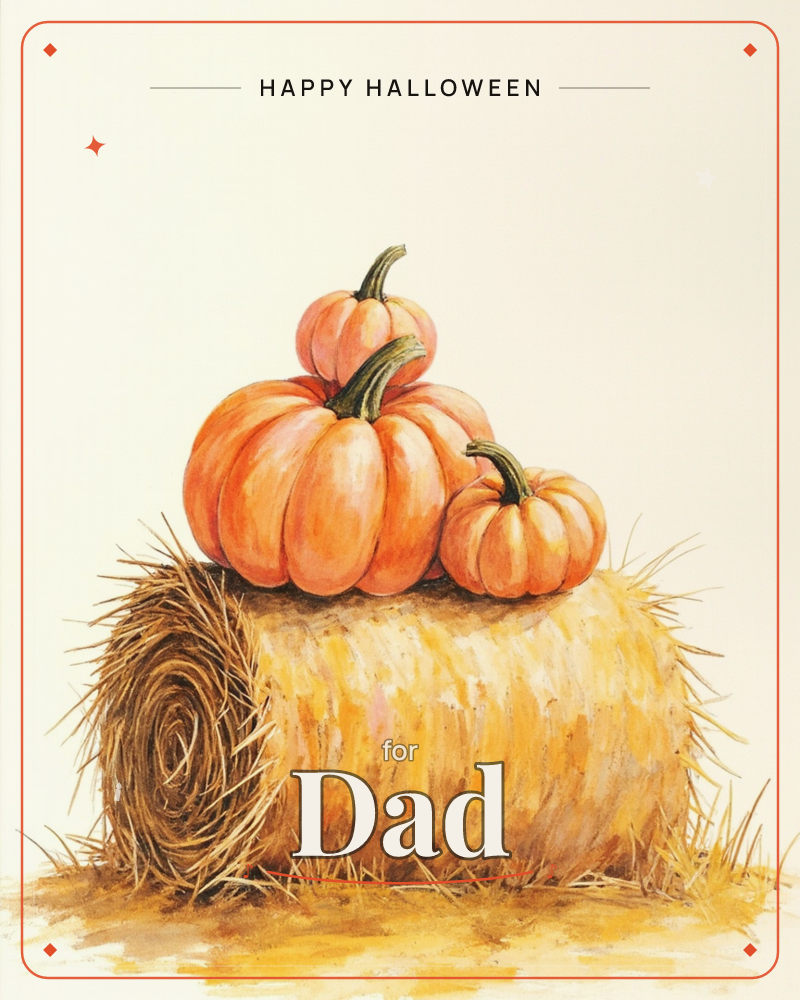 Three plump orange pumpkins are stacked atop a round hay bale, painted with soft washes of amber and gold against a plain cream background, a halloween e-card design