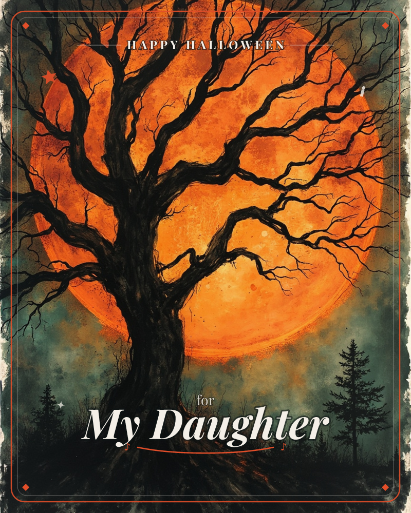 A gnarled, leafless tree stands in stark black silhouette against a huge glowing orange moon, its twisted branches spreading like cracks across the…, a halloween e-card design