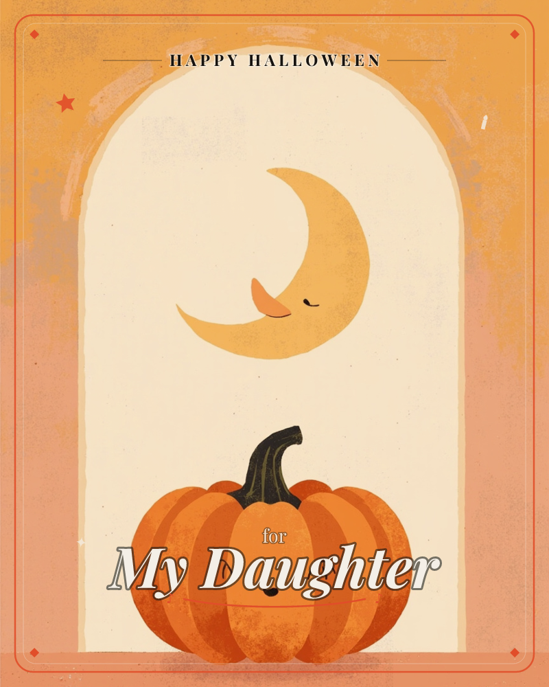 A softly arched niche glows in warm orange, with a sleepy crescent moon smiling above a plump, contented pumpkin below, a halloween e-card design