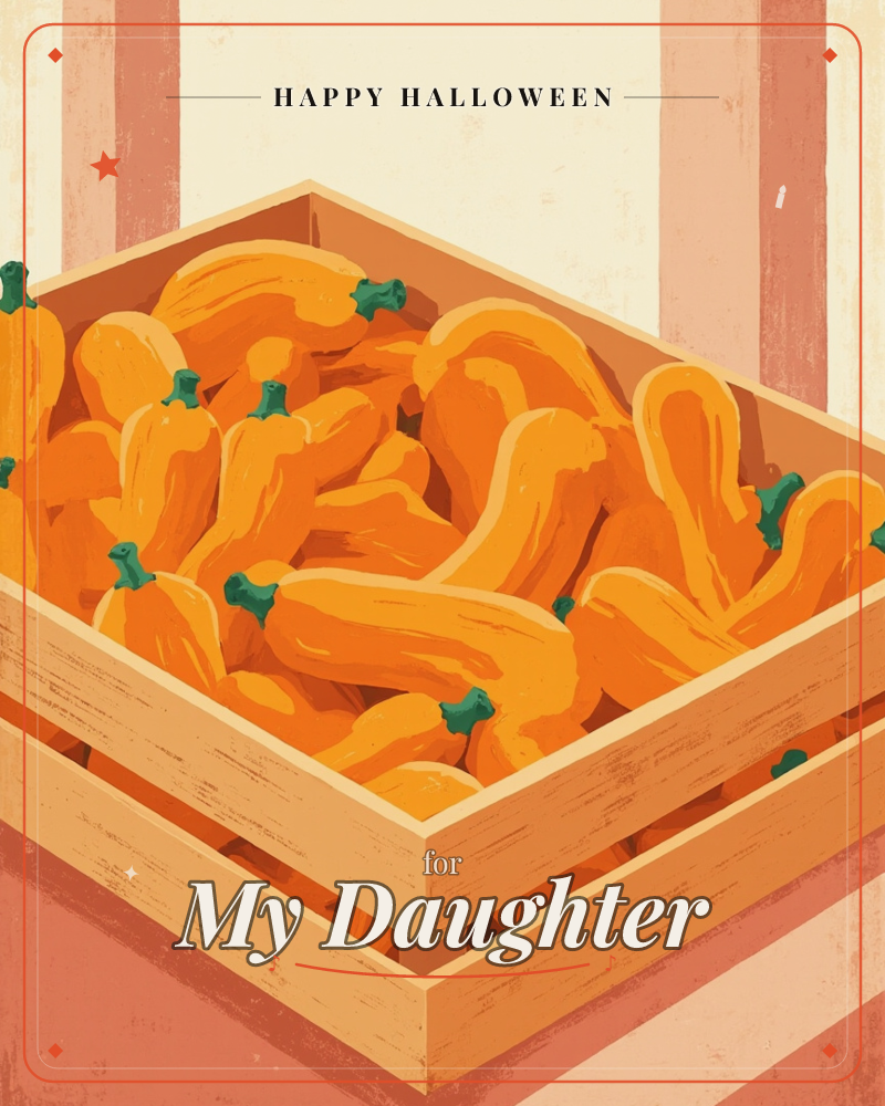 A wooden crate is piled high with curved orange squashes, their green stems poking out from the tangle, a halloween e-card design