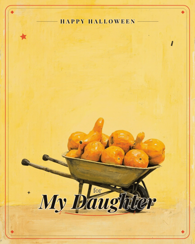 A rustic metal wheelbarrow sits loaded with a heap of glossy orange gourds and squashes, painted in loose, textured brushstrokes against a warm…, a halloween e-card design
