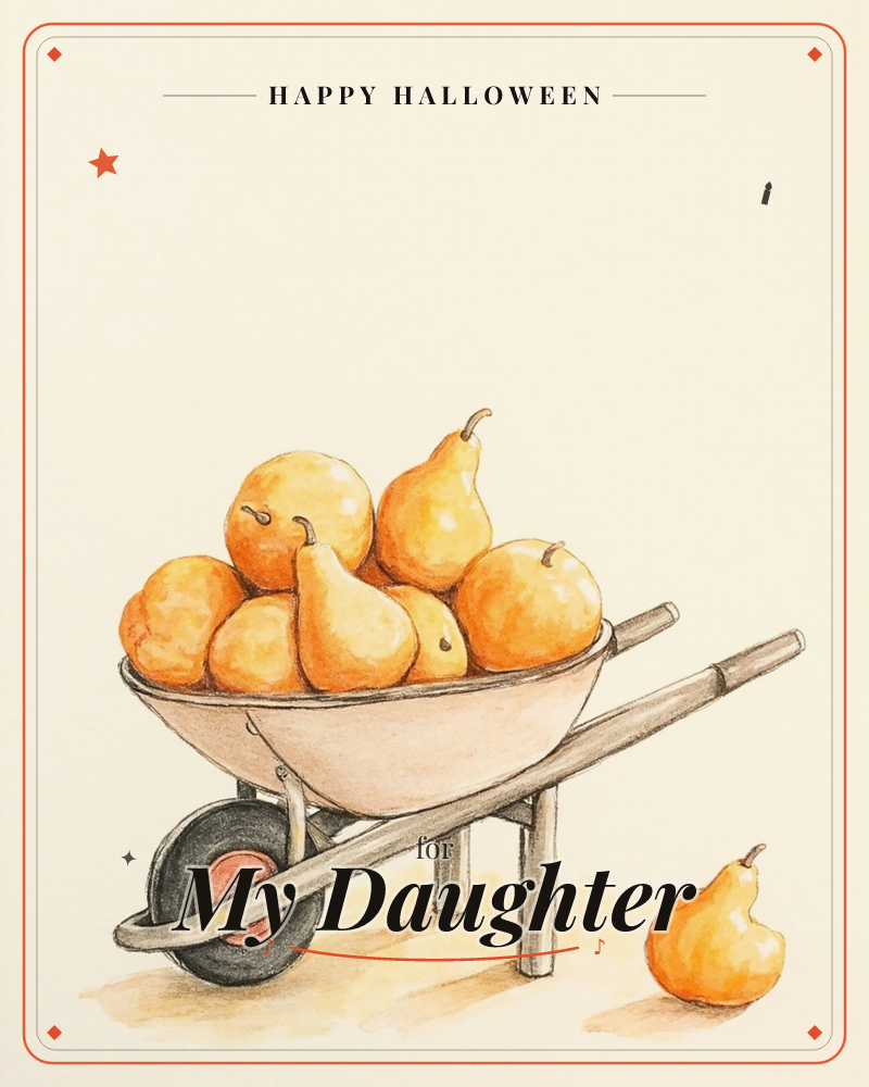 A small wheelbarrow sits piled high with round oranges and golden pears, one pear tumbled onto the ground beside the wheel, a halloween e-card design