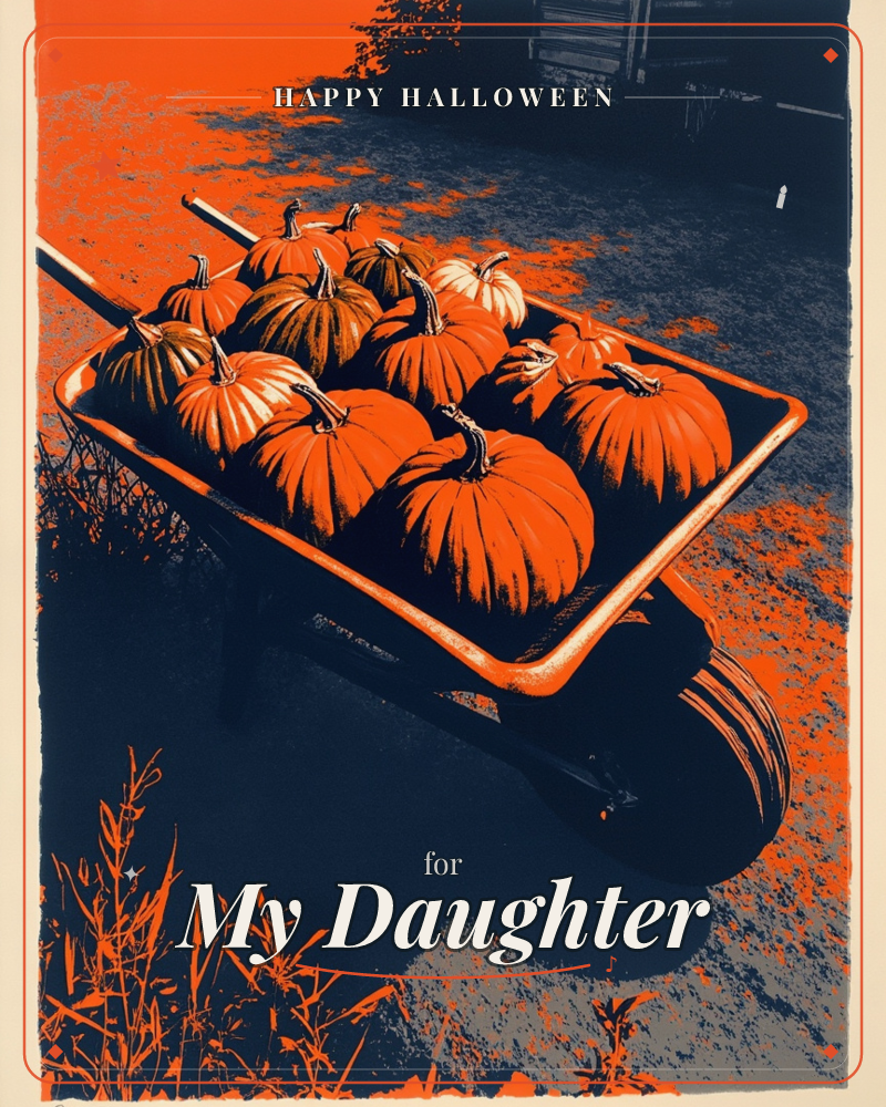 A wheelbarrow sits piled high with rounded pumpkins, rendered in bold graphic orange and inky navy with dappled light falling across the yard behind it, a halloween e-card design