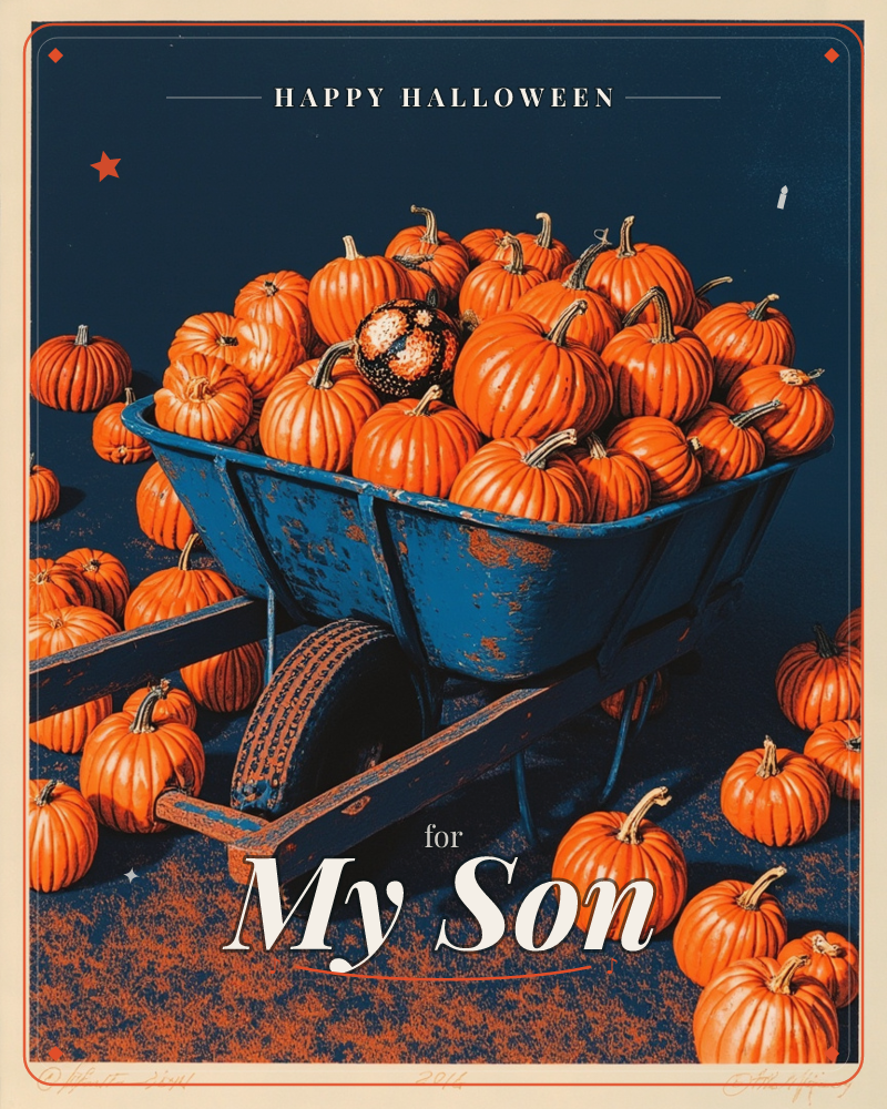 A weathered blue wheelbarrow sits piled high with orange pumpkins, more scattered across the ground around its wheel and handles, a halloween e-card design