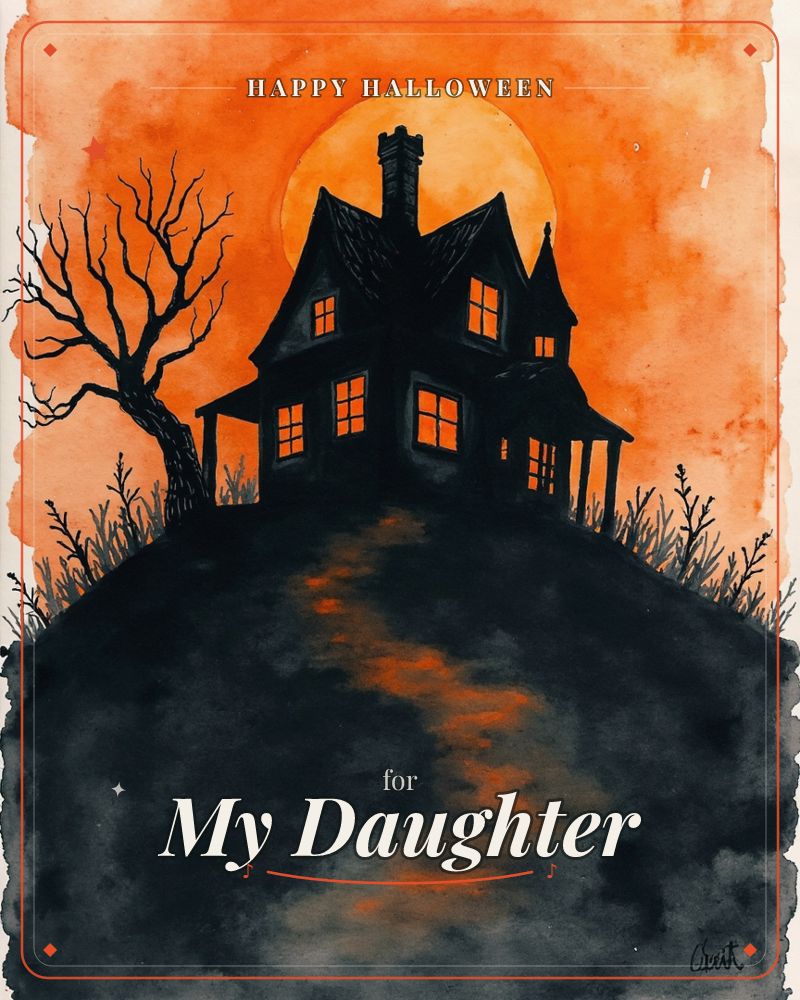 A silhouetted Victorian house crowns a dark hill, its windows glowing amber against a blazing orange sunset and full moon behind it, a halloween e-card design