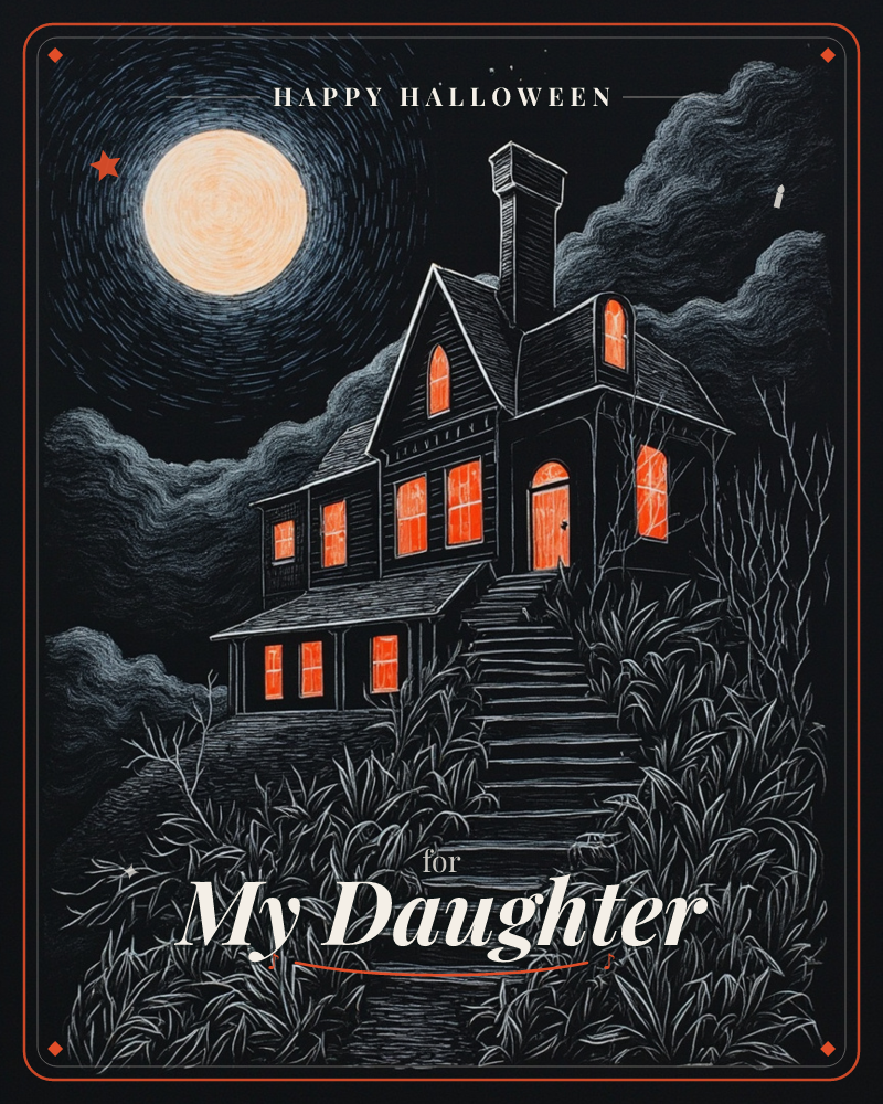 A dark scratchboard-style illustration shows a haunted house on a hill at night, its windows glowing fiery orange against black clapboard walls, a halloween e-card design